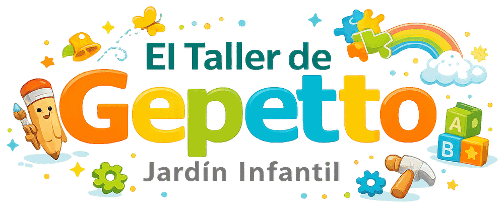 El Taller de Gepetto, Jardín Infantil: logo ilustrado con lápiz, bloques y arcoíris